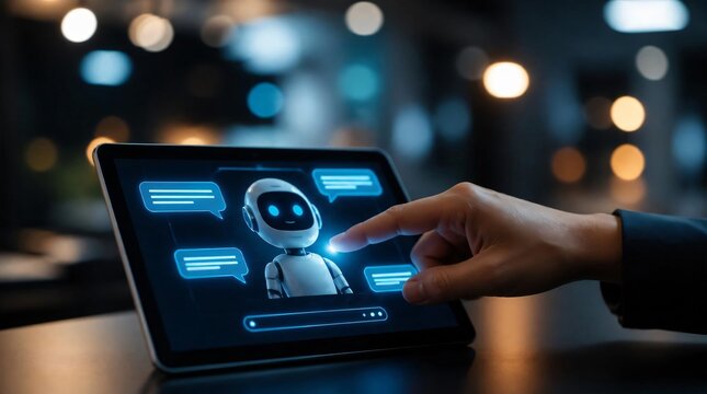 Close up of person hand touching virtual screen chat bot with dialogue and chat bubbles