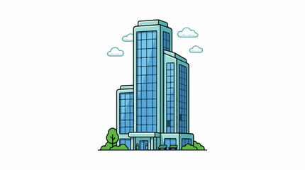 Fototapeta premium A cartoon-style illustration of a modern blue glass building with trees