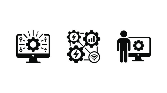 Black and white icons of computer screen with gear, gears with plus signs, and person with computer screen Vector
