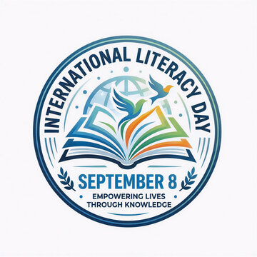 International Literacy Day Emblem with Open Book and Flying Birds