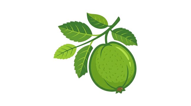 A vector illustration of a fresh green guava fruit hanging on a branch with green leaves, isolated on a white background