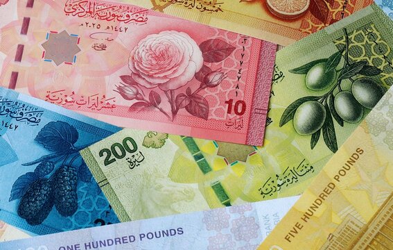 Syrian pound money banknotes bunch on table. Syria bills of SYP currency close up