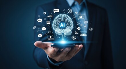 Fototapeta premium Businessman holding smartphone with artificial intelligence icons floating above