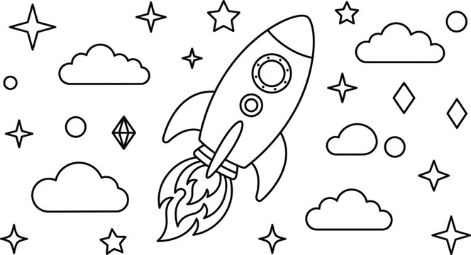 Space rocket coloring page for kids with stars and clouds