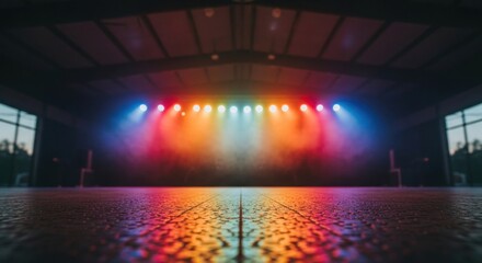 Naklejka premium Vibrant Stage Lighting Reflecting on Polished Floor.