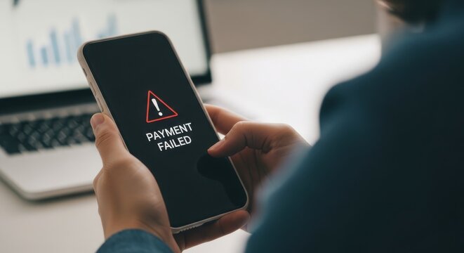 Person holding smartphone with payment failed message on screen in office