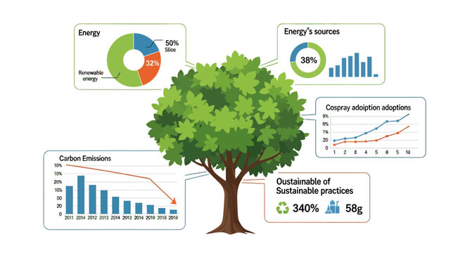 Sustainable practices, eco friendly infographics, green tree, energy savings, environmental charts