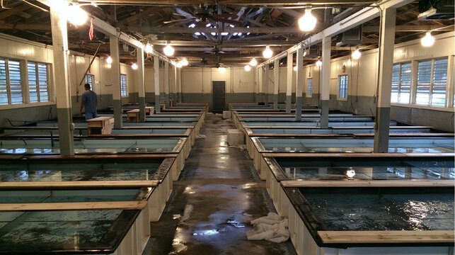 hatchery. A coastal hatchery with rows of water tanks containing tiny fish fry in a clean, organized facility. wildlife magazines.