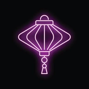 Neon chinese lantern icon glowing with pink light on dark background