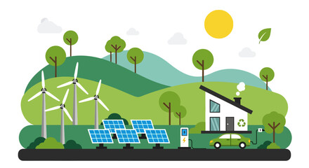 Fototapeta premium Eco friendly home, renewable energy, solar panels, wind turbines, green landscape, sustainable living