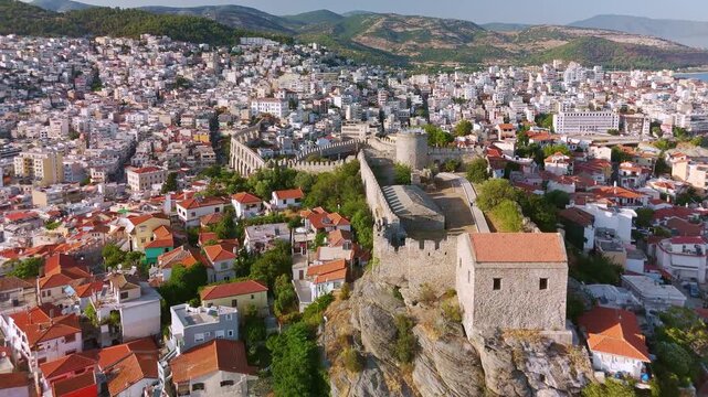Aerial View of Kavala Old Town and Fortress, Kavala, Greece