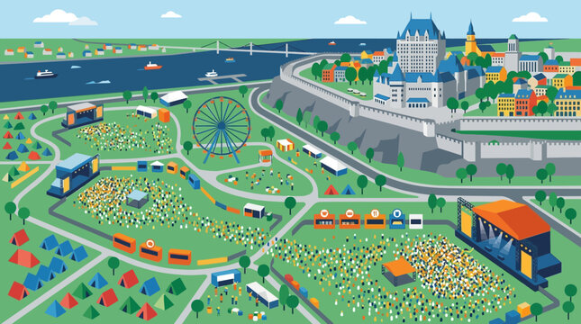 An aerial flat design illustration offering a comprehensive drone view of the Festival d'&eacute;t&eacute; de Qu&eacute;bec grounds, showcasing stages, zones, and a vast crowd within the Quebec City landscape. 