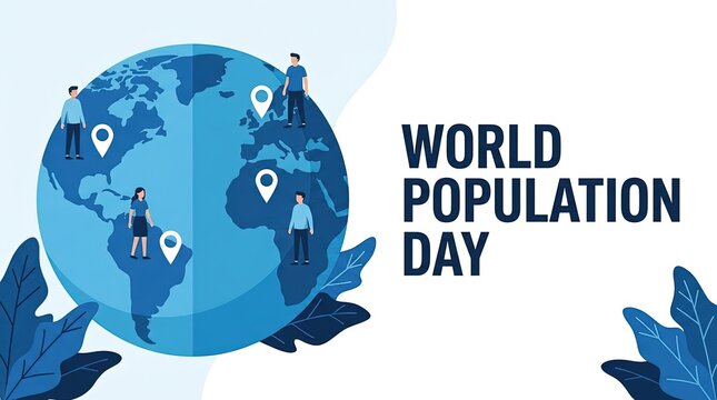 World Population Day Conceptual Banner &ndash; People Icons and Map Pin Locations on Earth Globe Vector Graphic