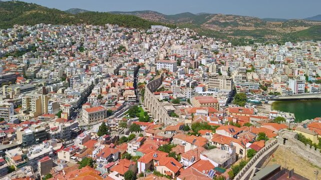 Aerial View of Kavala Old Town with Fortress and Aqueduct, Kavala, Greece