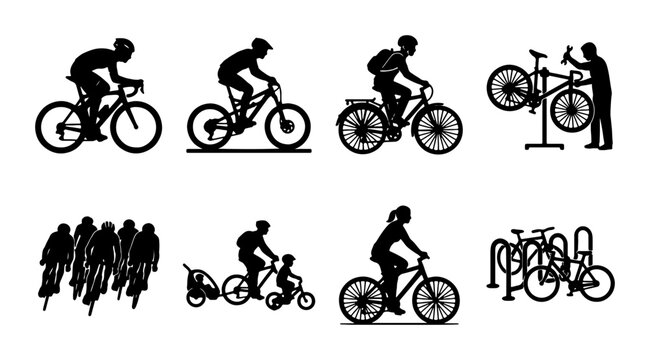 Bicycle Silhouettes PNG Various Cycling Activities, transparent background