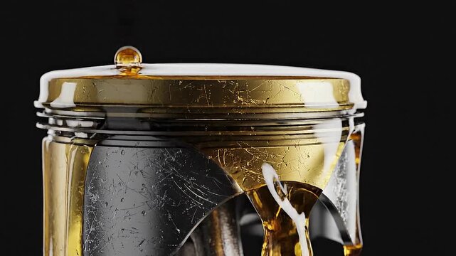 Close up of golden honey dripping from a transparent glass jar with a dark background