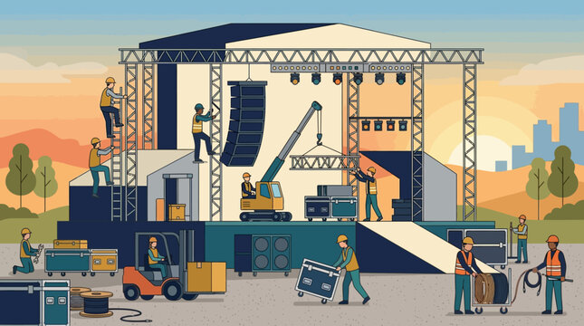 This flat design illustration offers a behind-the-scenes look at the meticulous stage setup for the Festival d'&eacute;t&eacute; de Qu&eacute;bec, showing crew members preparing for a major outdoor concert. 