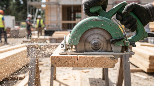 Precision carpentry work with power tools. Electric circular saw slicing through lumber with flying sawdust at an outdoor residential construction site.