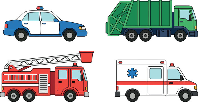 City emergency and service vehicles flat vector illustration set with police car, fire engine, ambulance, and garbage truck isolated on white background.