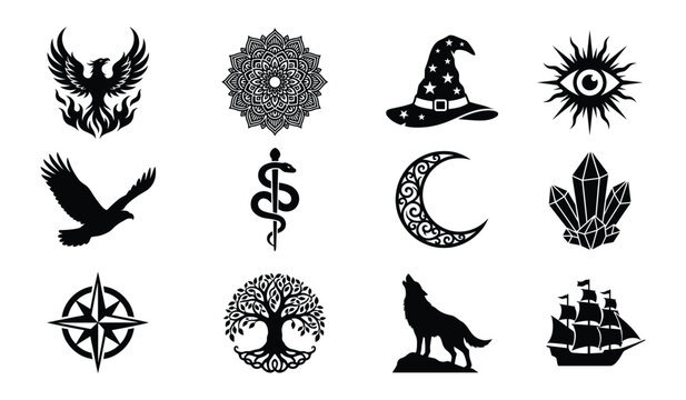 Mystical symbols collection with fantasy icons occult elements and ancient spiritual motifs