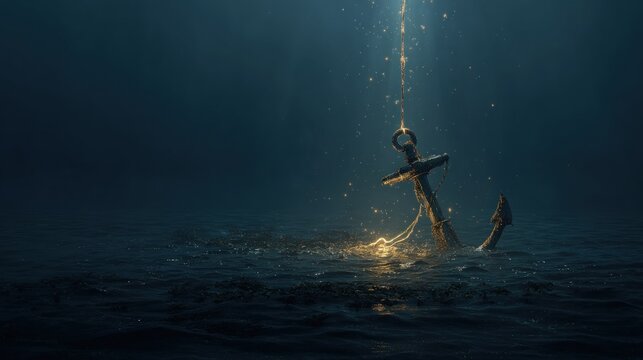 Sunken anchor in dark ocean water