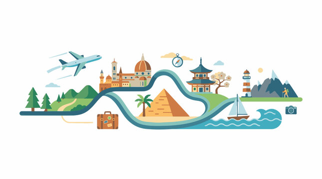 Colorful illustration of a winding road through various landmarks and modes of transportation