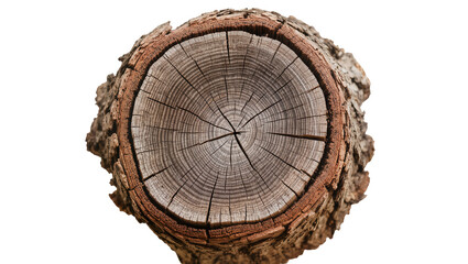 Isolated weathered tree trunk cross section with visible annual growth rings and rough bark texture © Oisin