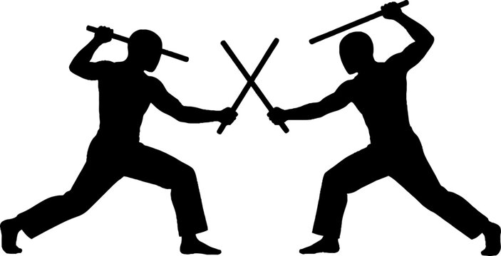 Silhouette of two fencers in a duel pose.