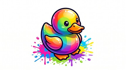 Fototapeta premium Glossy kawaii rubber duck with full rainbow gradient and orange beak and feet, standing on vibrant paint splatters. Bold 3D sticker style with thick outlines, shine, and playful drips.