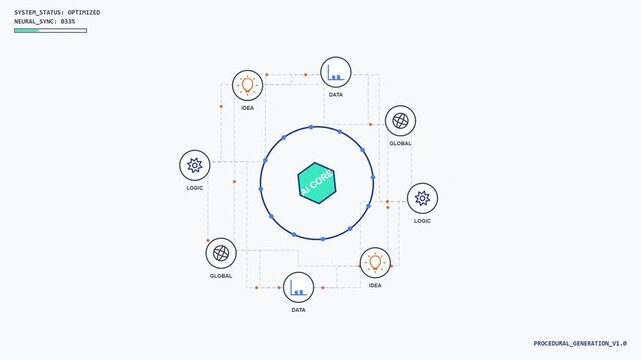 A motion-rendered graphic illustration depicts a central green cube surrounded by smaller icons in a circular pattern.