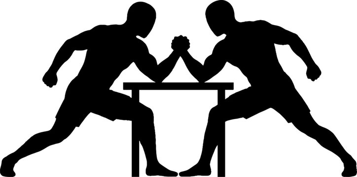 Silhouette of two arm wrestlers in intense competition.