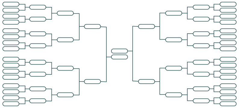 Large blank tournament bracket for 64 teams or participants, sports competition chart