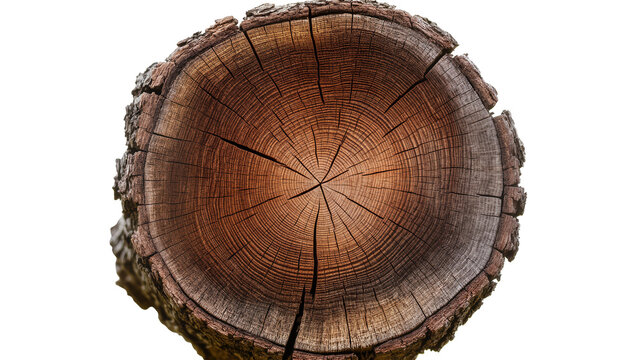 Isolated detailed cross-section of old tree trunk, weathered wood with annual growth rings