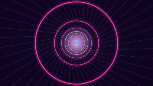 Bright circles with lines moving toward a center point in dark space