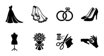 Obraz premium Wedding Icons Set Silhouette, Bridal Attire Accessories for Marriage Celebration