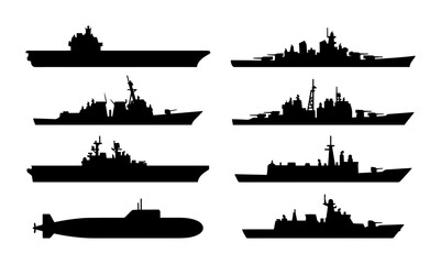 8 Warship Silhouettes, Silhouette, for Military and Naval Concepts © Sathi