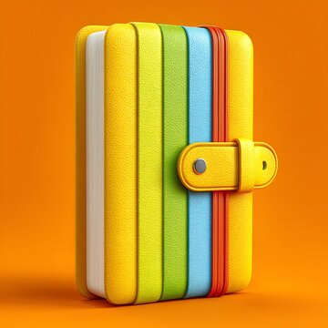 Rainbow Notebook: A vibrant and colorful notebook with a rainbow of striped pages and a secure yellow clasp, presented against a warm, inviting orange backdrop.