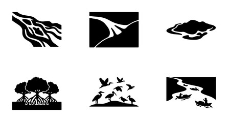 Fototapeta premium 6 Nature Silhouette Icons River Landscape Wildlife Trees for Ecology