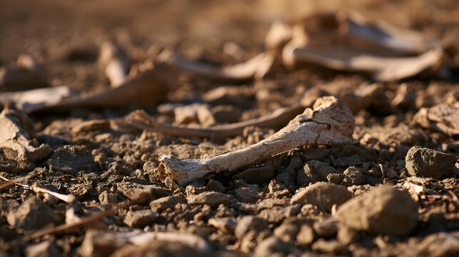 A close up view of dry sun bleached bones lying on cracked ground under harsh intense light