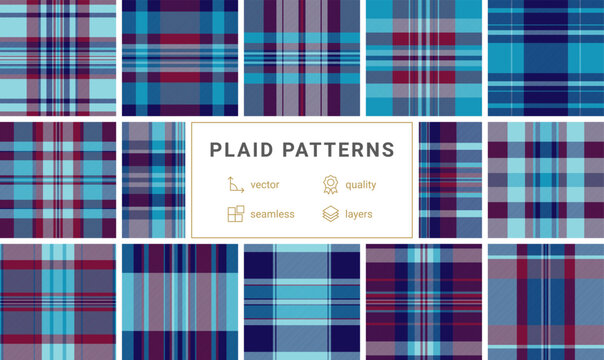 Seamless tartan pattern with striking light blue, navy, and maroon stripes. A classic geometric design ideal for fashion textiles, cozy home decor, and professional digital backgrounds.