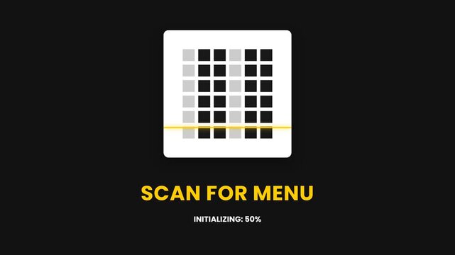 Dynamic digital scanning animation of a QR code-like grid with a vibrant yellow progress bar, displaying 'SCAN FOR MENU' and 'INITIALIZING' text on a dark background, symbolizing data processing