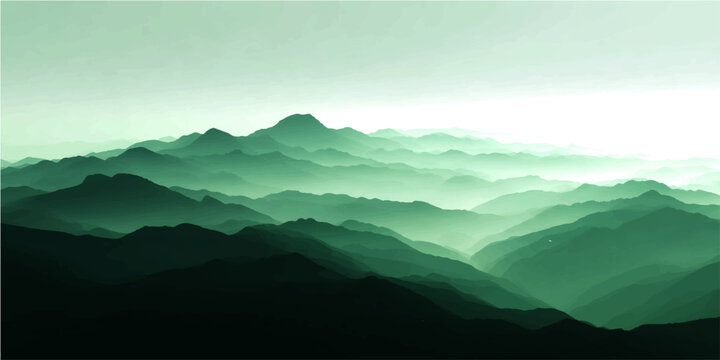 Misty mountain range landscape, ethereal peaks shrouded wispy fog, gradient hues serenity, sublime natural beauty.