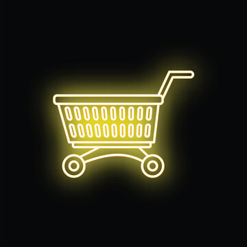 Yellow neon glowing outline of an empty shopping cart on a black background