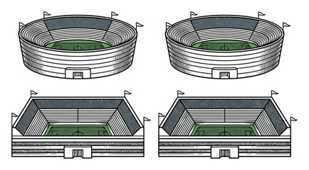 A collection of four different stadium architectural and sports arena in a clean line style © Sultana