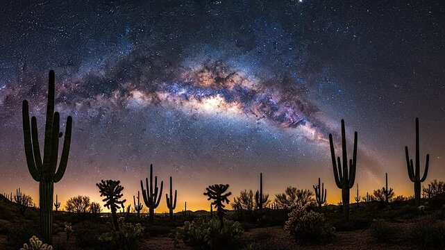 The Milky Way arches over a desert landscape with saguaro cacti