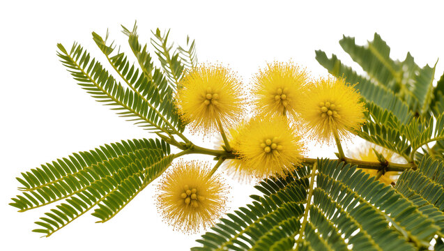 Isolated mimosa plant branch with bright yellow fluffy blossoms and delicate green leaves