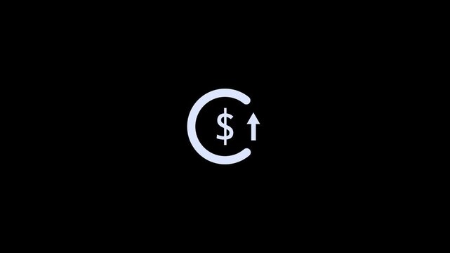 Abstract increase icon on black background. Dollar rate up looped icon. Reduce costs sign and symbol. 4k video animation