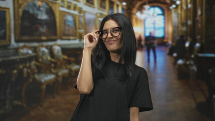 Fototapeta premium Woman adjusts glasses with hand in ornate museum building showing a slight smirk and relaxed pose; playful confidence.