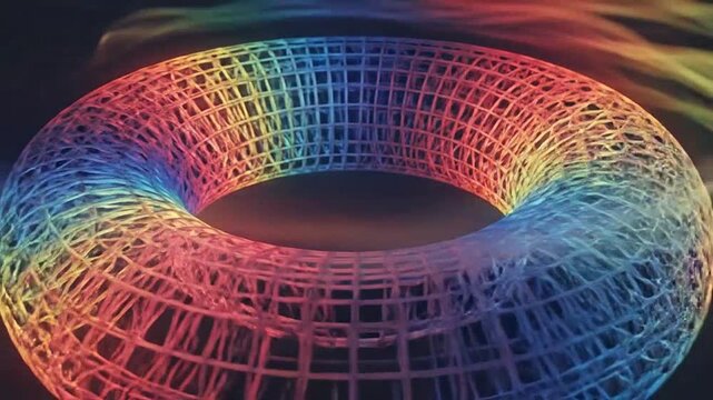 Abstract rainbow wireframe torus glowing on a dark background