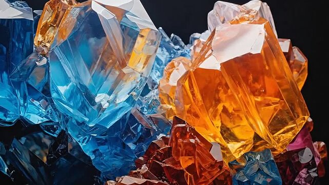 Macro photography of vibrant blue and orange translucent crystal formations on a dark background